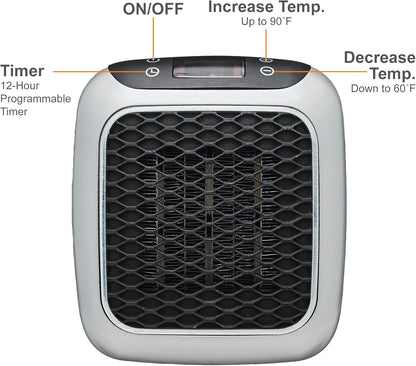 Ontel Handy Heater Turbo Wall Outlet Small Space Heater with Adjustable Thermostat, Programmable 12-Hour Timer