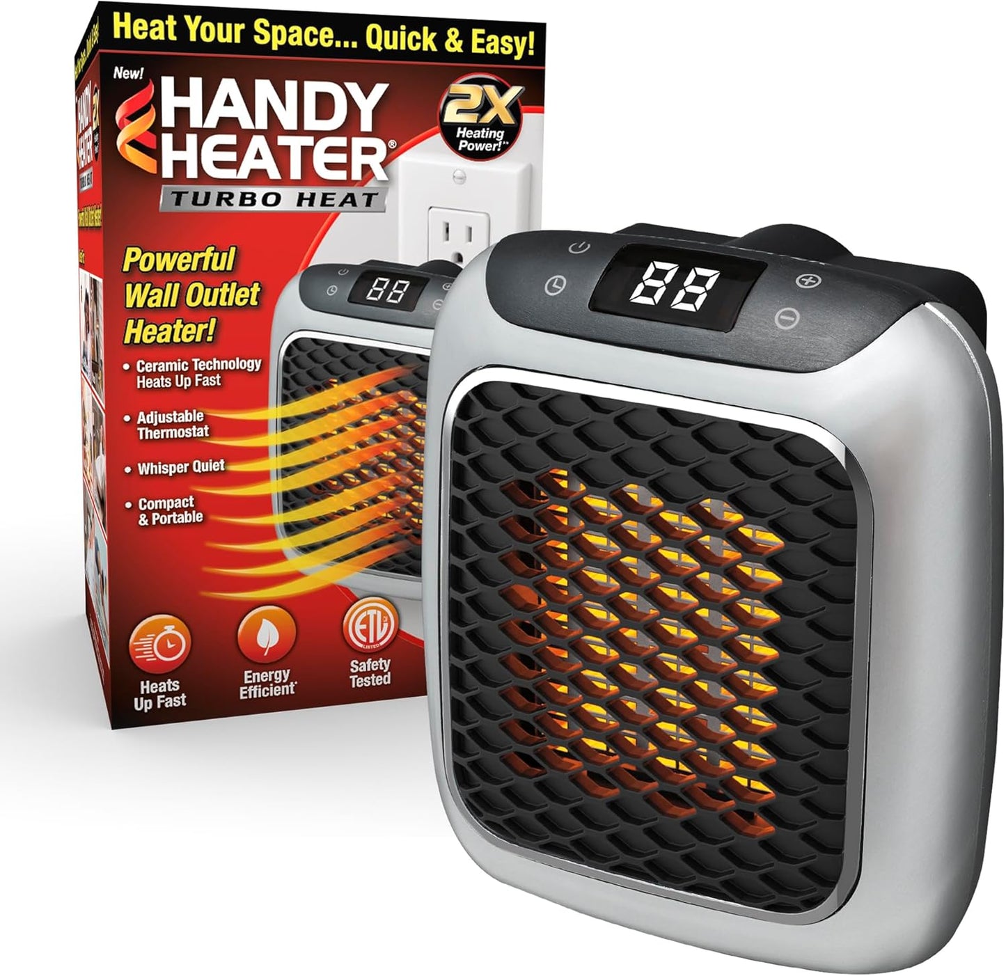 Ontel Handy Heater Turbo Wall Outlet Small Space Heater with Adjustable Thermostat, Programmable 12-Hour Timer