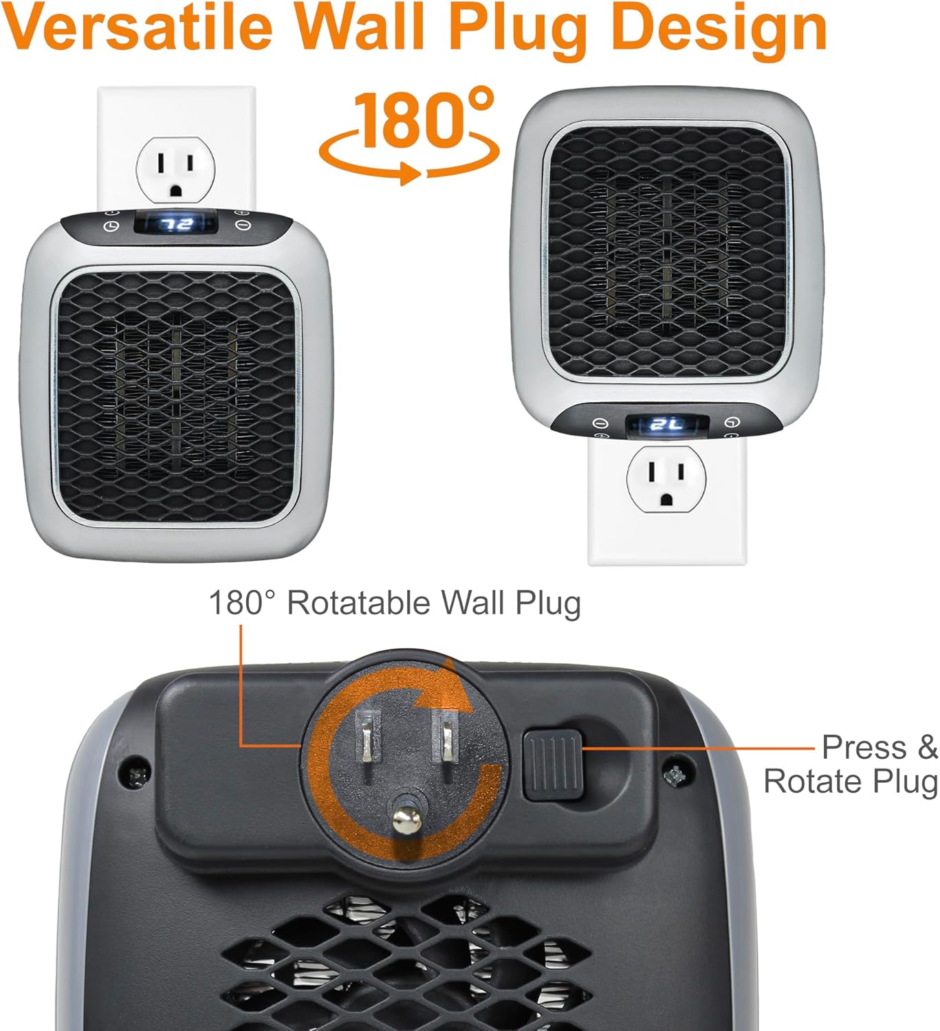 Ontel Handy Heater Turbo Wall Outlet Small Space Heater with Adjustable Thermostat, Programmable 12-Hour Timer