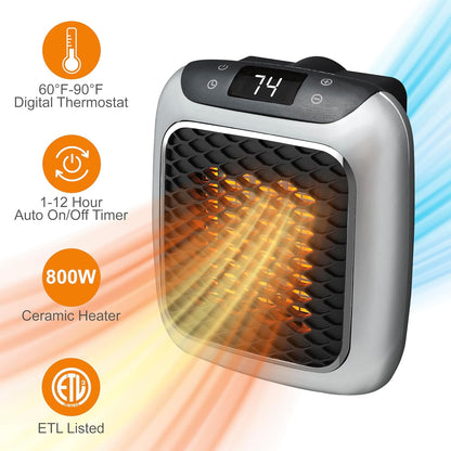 Ontel Handy Heater Turbo Wall Outlet Small Space Heater with Adjustable Thermostat, Programmable 12-Hour Timer